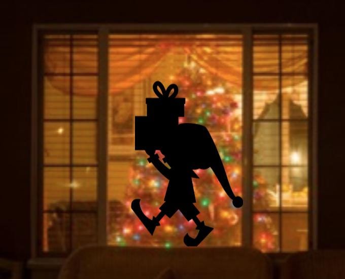Elf Carrying Present Window Cling | Christmas Silhouette Decal | Reusable| 17H