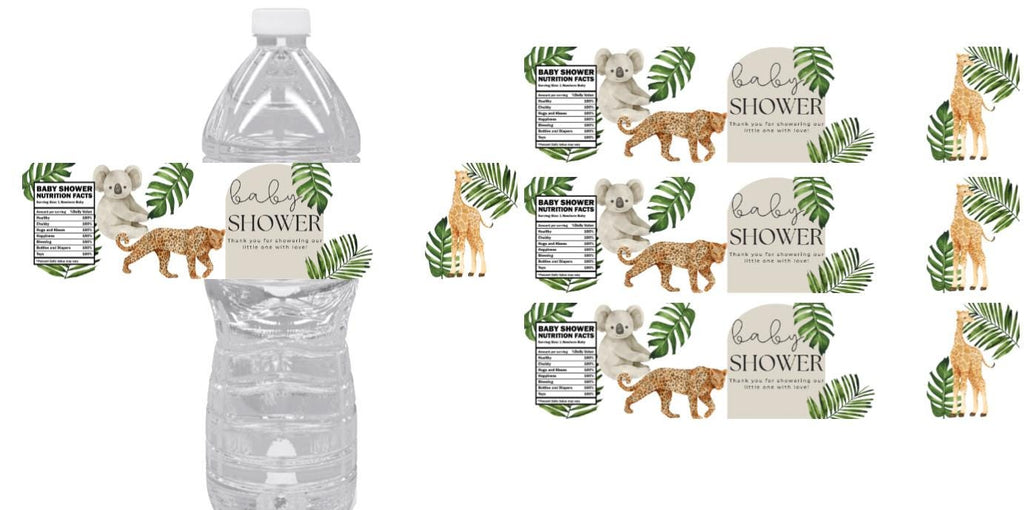 Safari Baby Shower Water Bottle Labels |12ct | Animal Theme | Thank You & Nutrition Facts