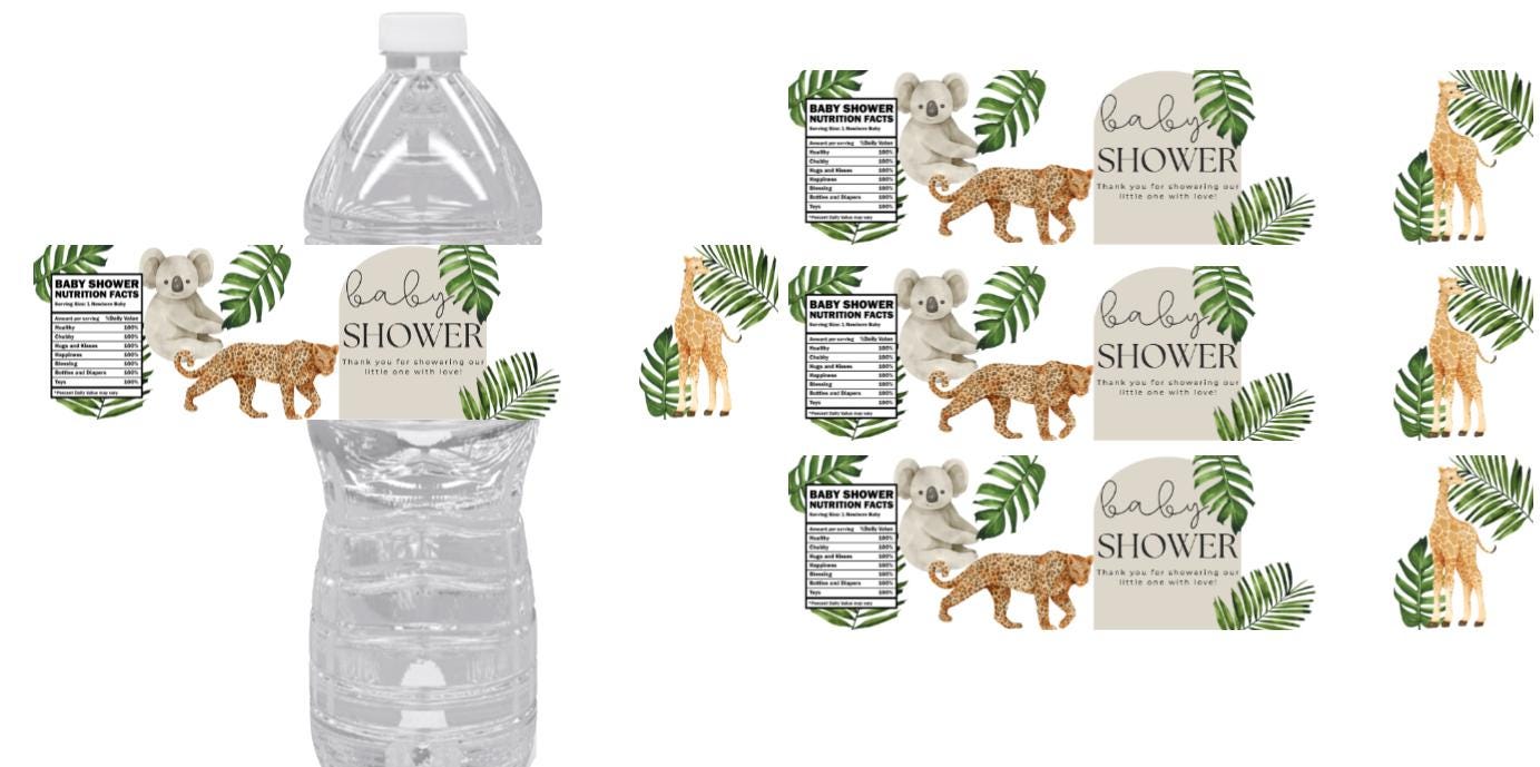 Safari Baby Shower Water Bottle Labels |12ct | Animal Theme | Thank You & Nutrition Facts