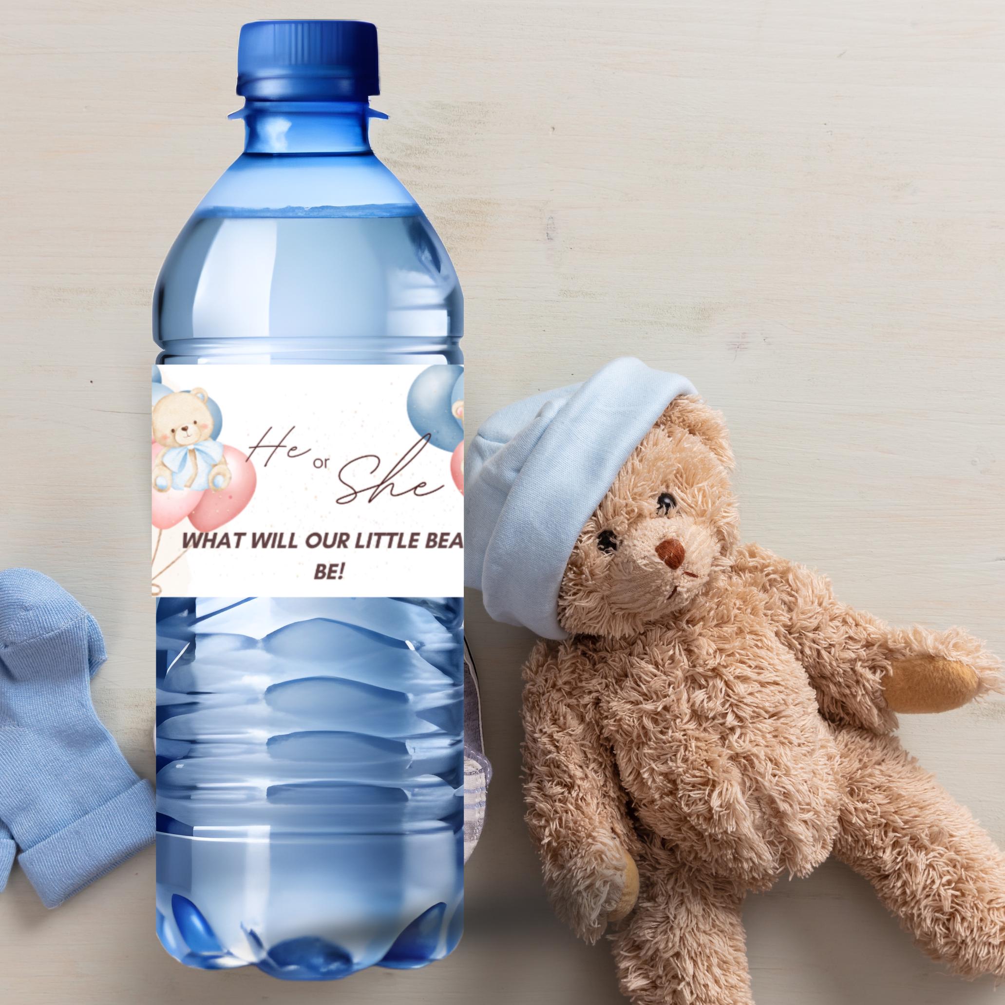 Teddy Bear Gender Reveal Water Bottle Labels | He or She What Will Our Little Bear Be | Baby Shower Party Decor | Glossy