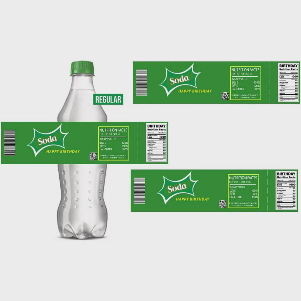 Happy Birthday Soda Bottle Labels, Green Nutrition Facts Design (Set of 15)