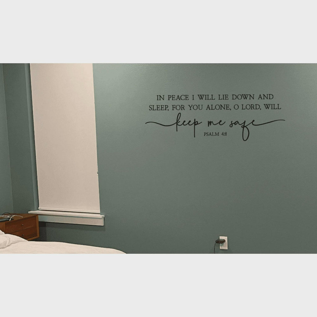 Scripture Wall Decal, Psalm 4:8 Bible Verse Quote, Religious Bedroom Decor, Black Calligraphy Design