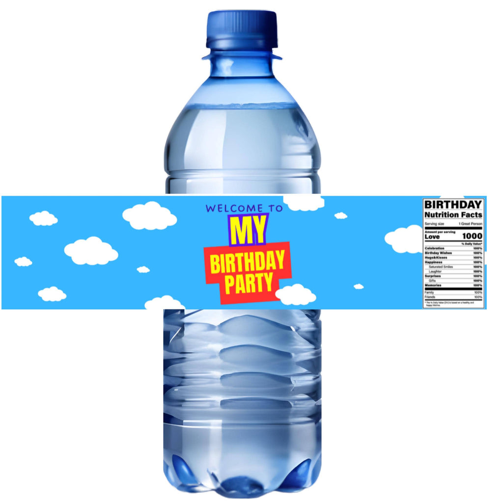 Its My Birthday Party Water Bottle Labels | Blue White Cloud Theme | Set of 12|Glossy| Birthday Favors
