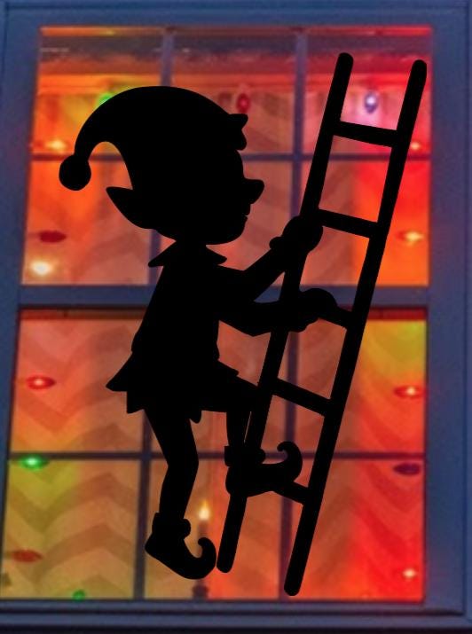 Large Elf on Ladder Christmas Window Cling Decal | Reusable| Holiday Silhouette | 17H