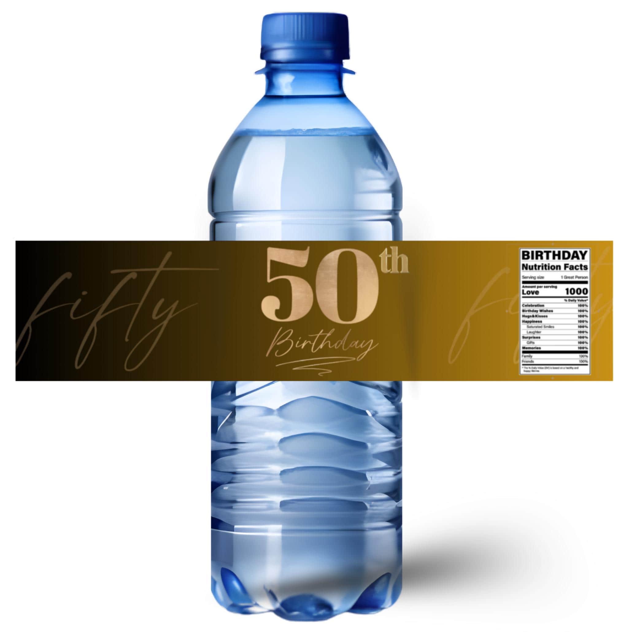 50th Birthday Water Bottle Labels | Fifty Celebration Party Decor | Gold Theme Bottle Wraps | Glossy