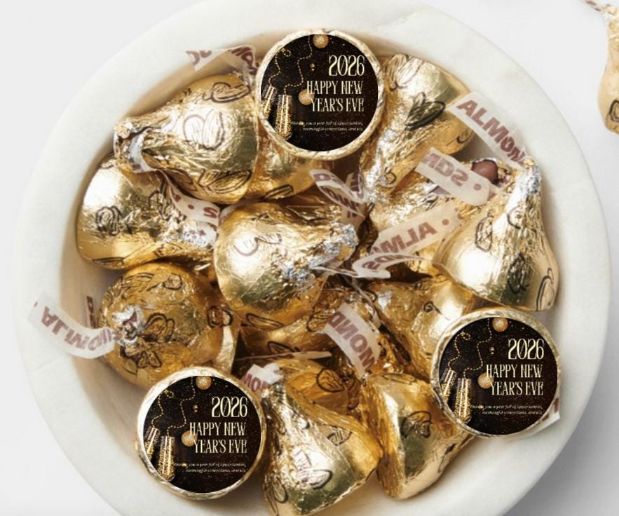 Happy New Years 2026| Chocolate Kiss Candy Stickers| 100ct| New Years Eve Party Favors