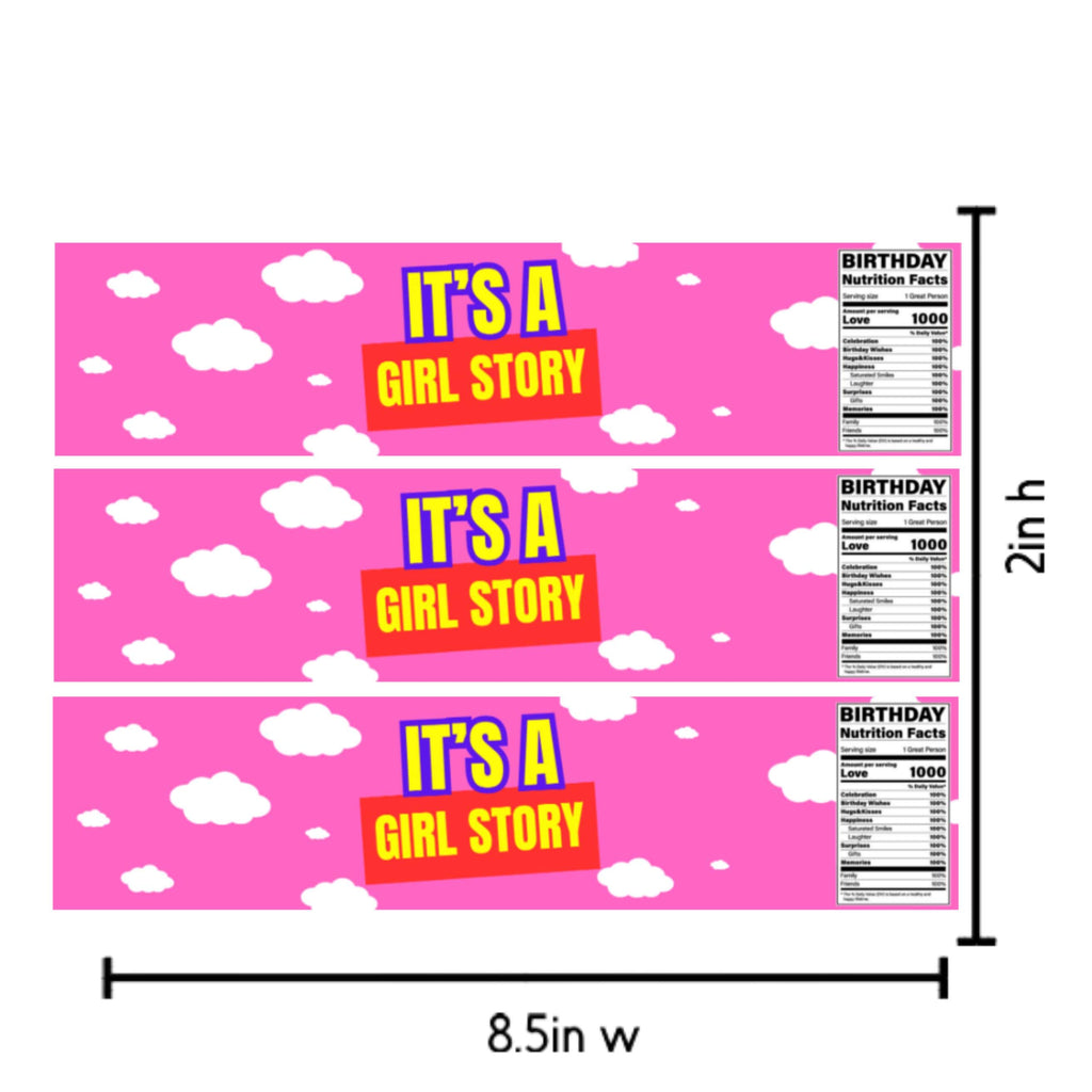 Its A Girl Story Water Bottle Labels | Pink Cloud Party Decor | Set of 12 Bottle Wraps