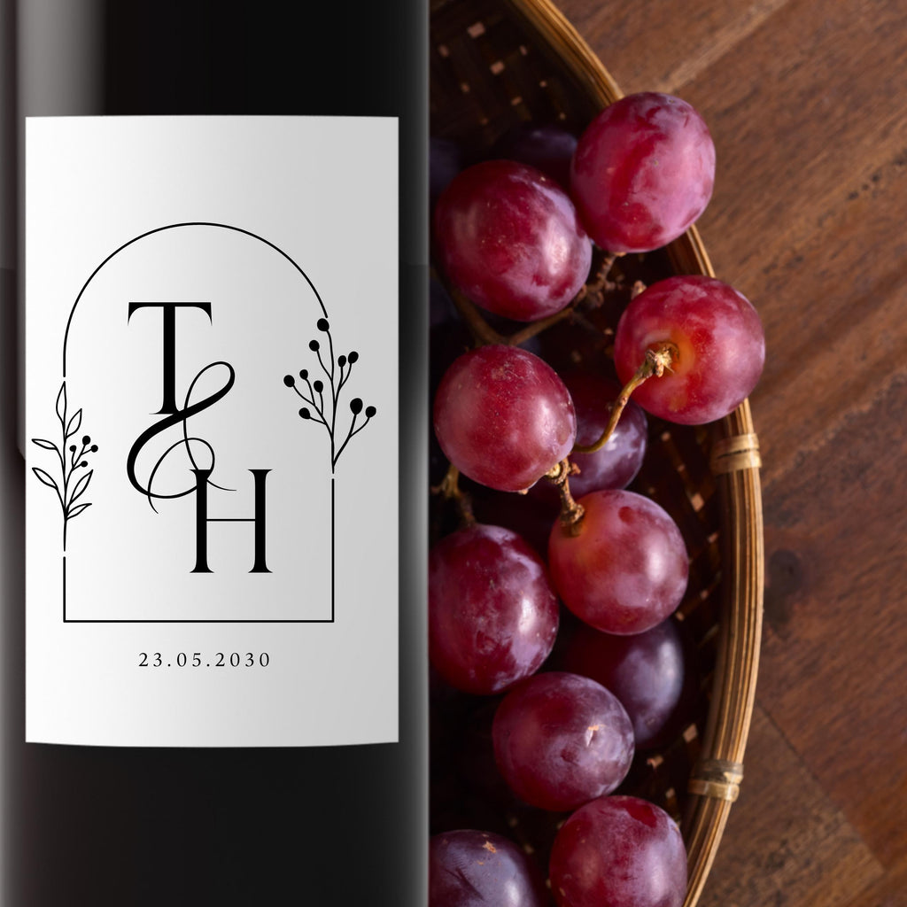 Elegant Floral Wedding Wine Labels | Personalized Initials & Date | Set of 4 Wine Bottle Wraps | Self Adhesive