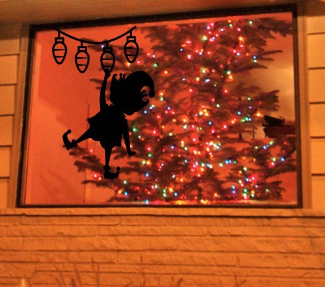 Christmas Elf Hanging Lights Window Cling | Large Silhouette Static Cling Décor