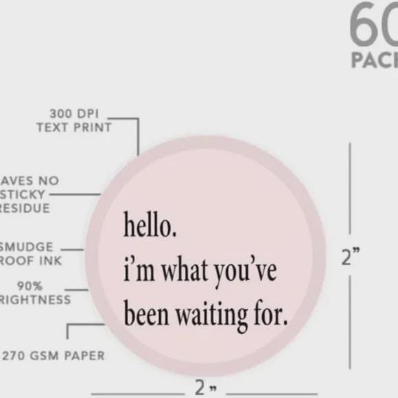 Decorative Round Sticker Labels, 2 Inch, Pink Hello Message, 60 Pack