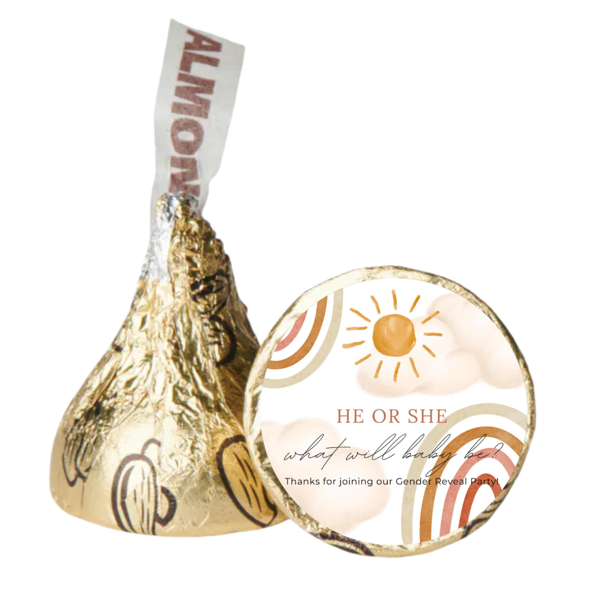 Boho Sun Baby Shower Candy Stickers | He or She What Will Our Little Baby Be Labels | 100 Glossy Chocolate Kiss Stickers