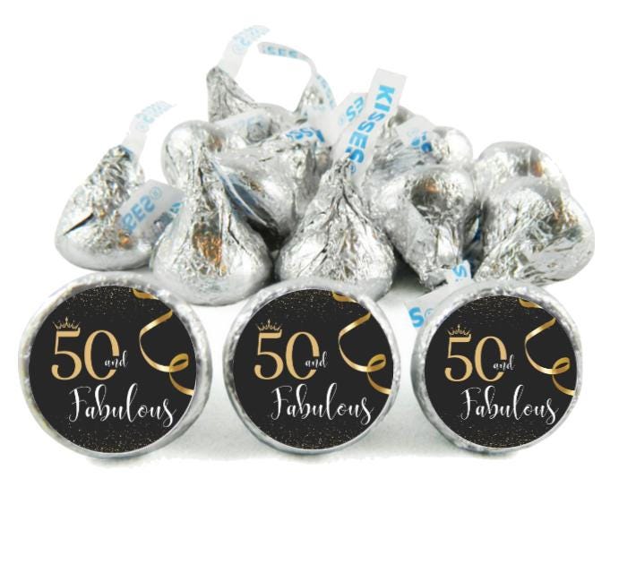 50 and Fabulous Kisses Candy Stickers | 100pcs| Glossy | 50th Birthday Party Favors | 0.75in Each