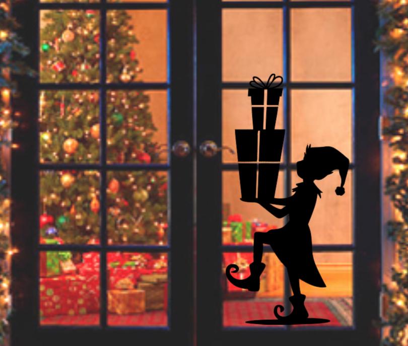 Large Elf Holiday Window Decal | Carrying Christmas Gifts Silhouette | Indoor Static Cling Vinyl