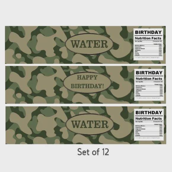 Military Camouflage Water Bottle Labels, Birthday Party Decorations, 8.5x2 in