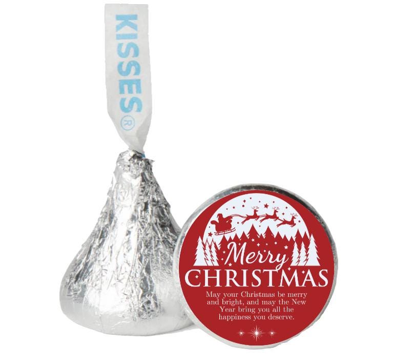 Merry Christmas Chocolate Kiss Candy Stickers | 100CT |Glossy| Holiday Party Favors|Pre-Printed