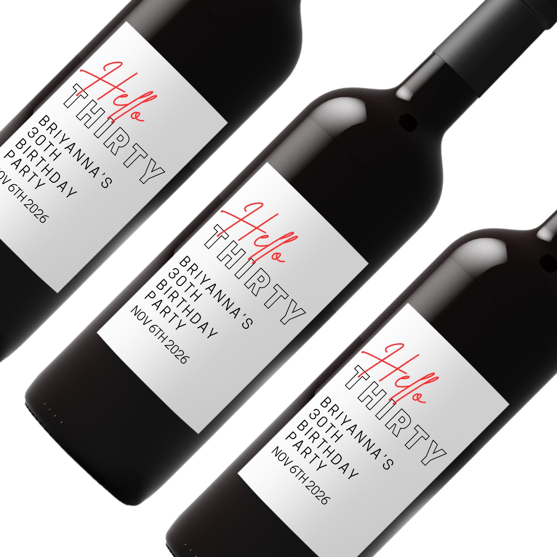 Hello Thirty Wine Labels | 30th Birthday Party Decor | Glossy Finish| 4ct|