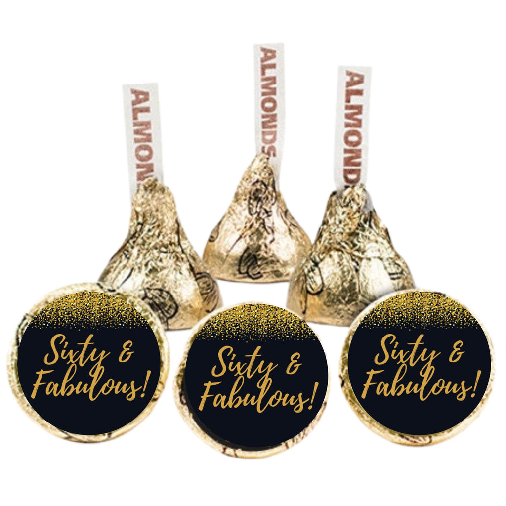 Sixty and Fabulous Birthday Candy Stickers | 100 Glossy Candy Kiss Labels | Peel & Stick Chocolate Decor |