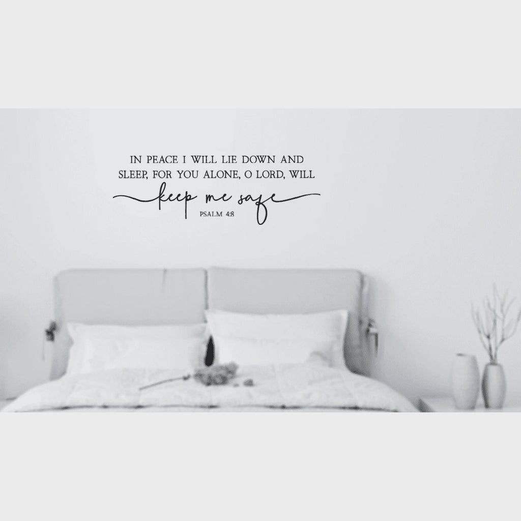 Scripture Wall Decal, Psalm 4:8 Bible Verse Quote, Religious Bedroom Decor, Black Calligraphy Design