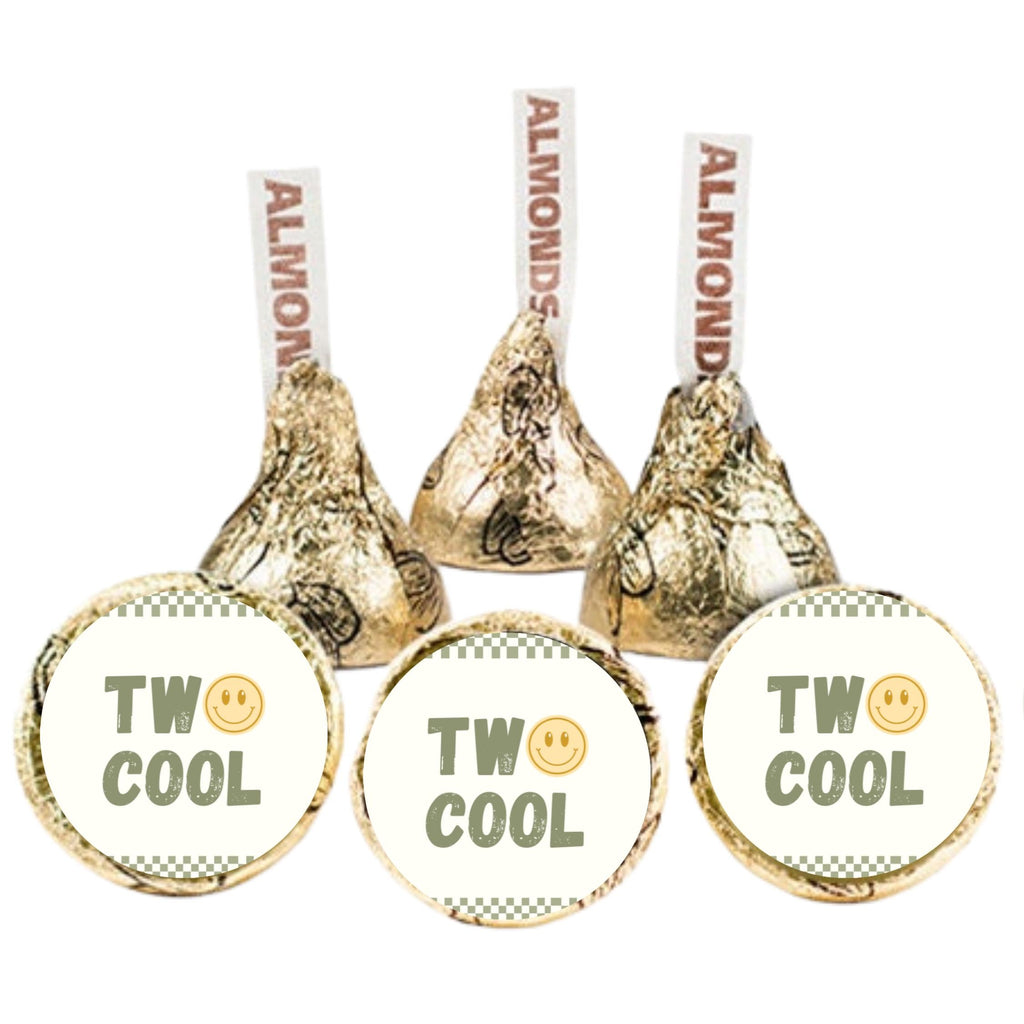 Two Cool Birthday Stickers | 100 Chocolate Candy Kiss Labels | Glossy 0.75in Peel & Stick | Smiley Face