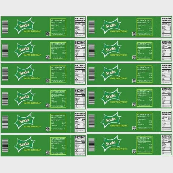 Happy Birthday Soda Bottle Labels, Green Nutrition Facts Design (Set of 15)