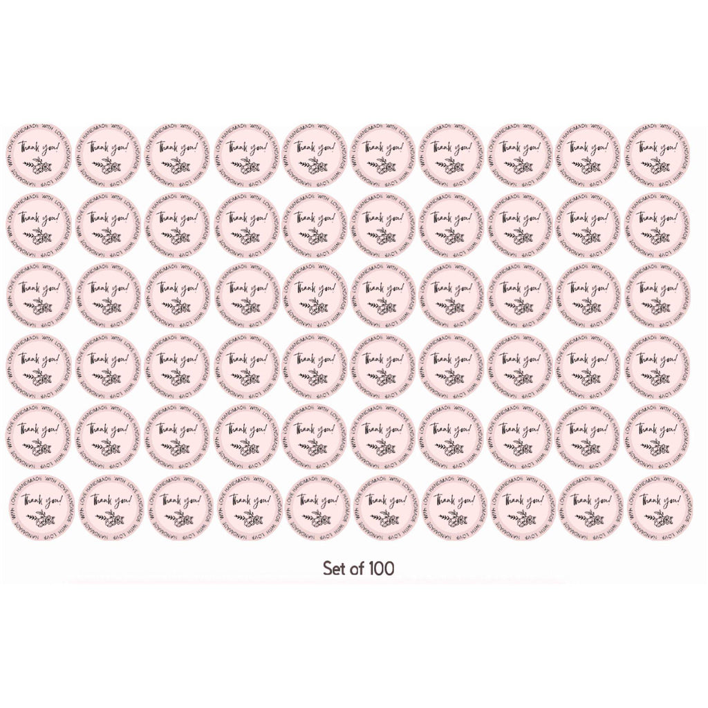 Handmade Thank You Stickers with Floral Design, 2 x 2 inches, Pink, Set of 100