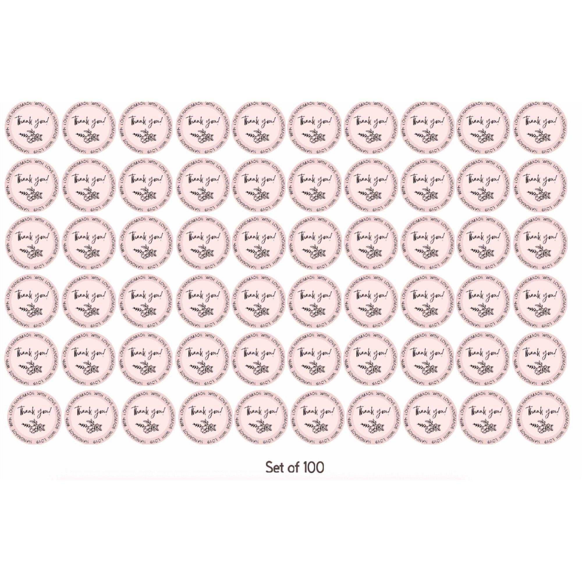 Handmade Thank You Stickers with Floral Design, 2 x 2 inches, Pink, Set of 100