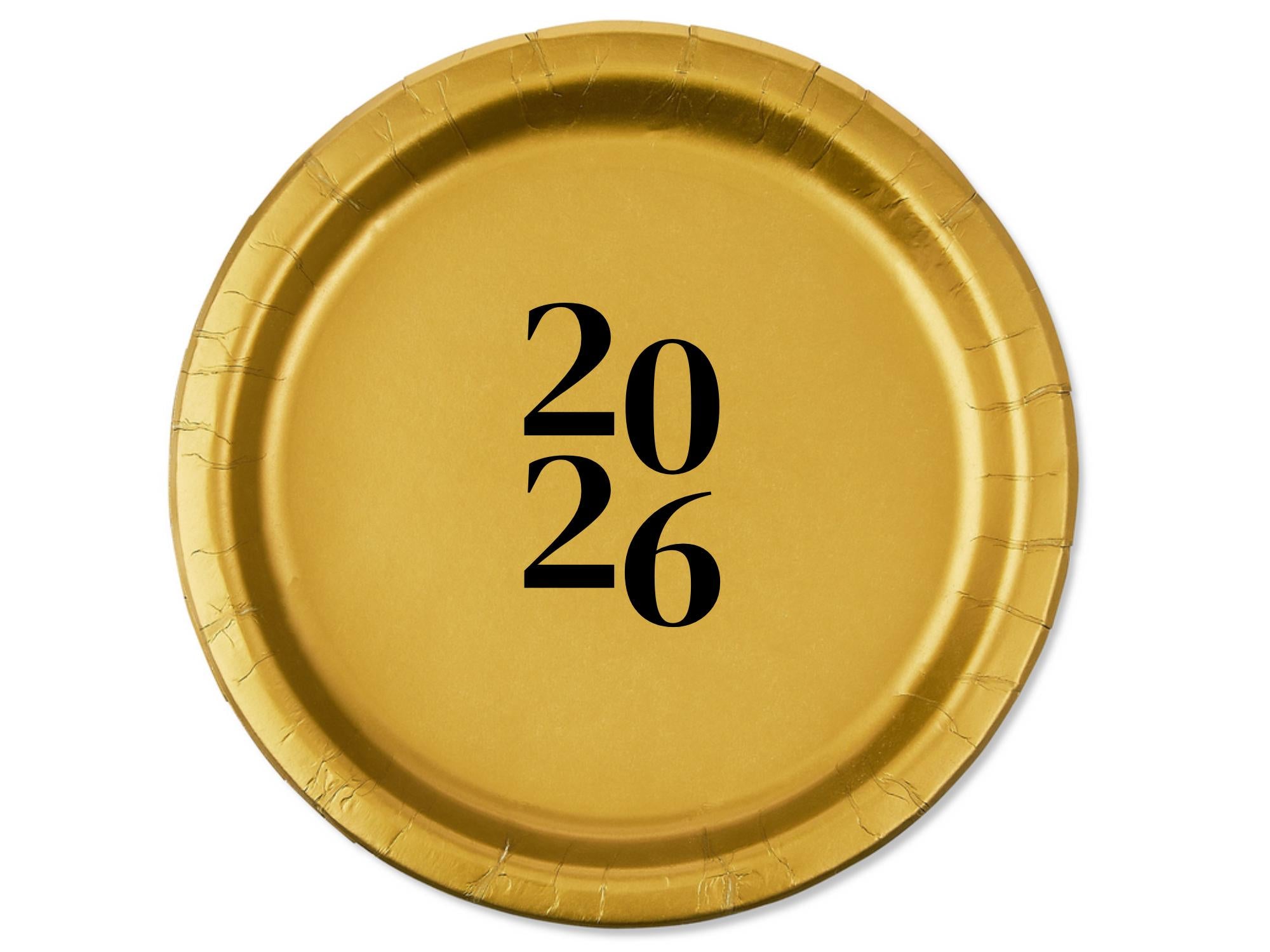 Gold 2026 Celebration Plates | Party Paper Tableware | Dinner and Dessert