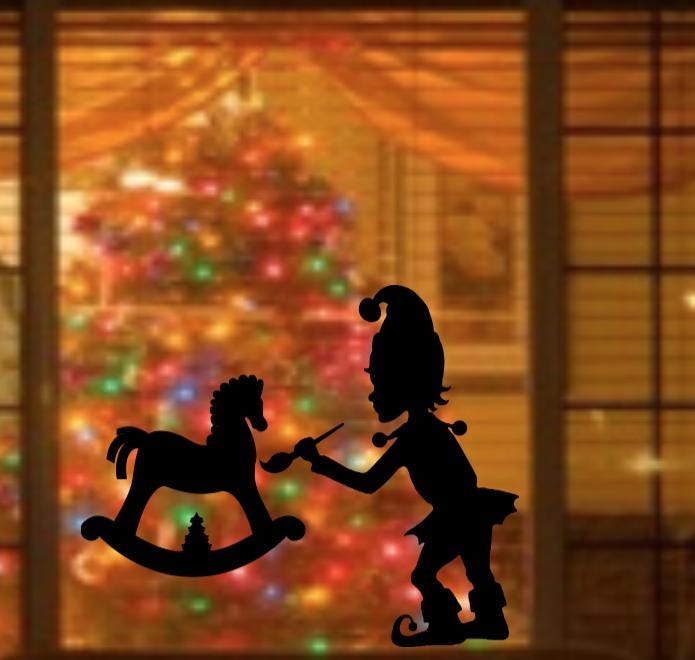 Christmas Elf Painting Rocking Horse | Reusable Window Cling Decal |Silhouette Decal|16H
