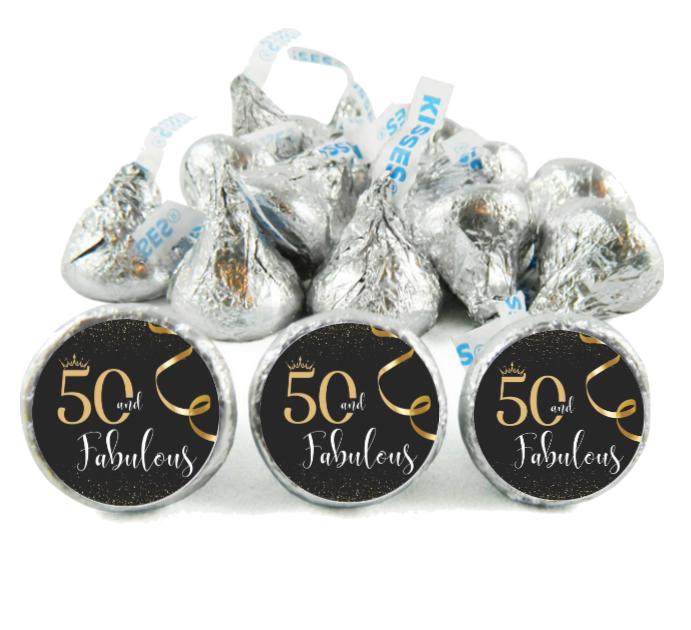 50 and Fabulous Kisses Candy Stickers | 100pcs| Glossy | 50th Birthday Party Favors | 0.75in Each