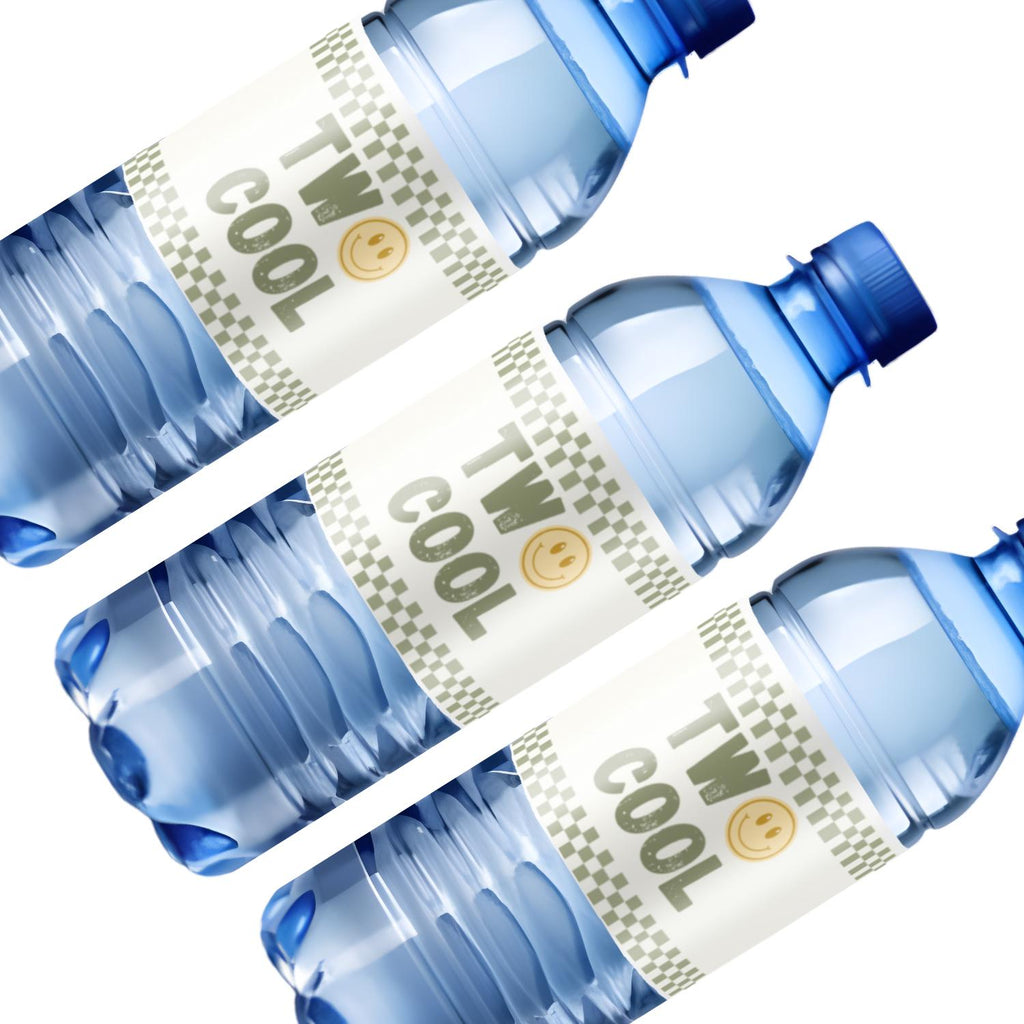 Two Cool 2nd Birthday Water Bottle Labels | Sports Party Table Accents | Smiley Face Theme | Glossy