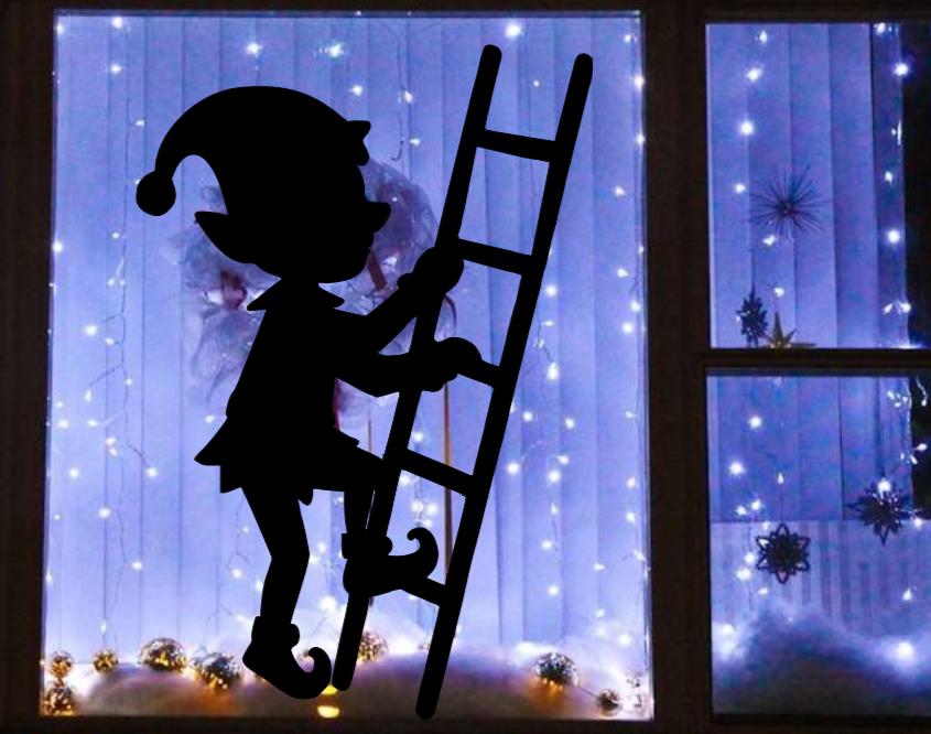 Large Elf on Ladder Christmas Window Cling Decal | Reusable| Holiday Silhouette | 17H