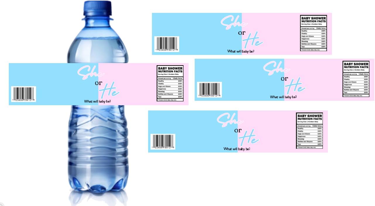 Gender Reveal Water Bottle Labels, She or He Design, Baby Shower Decorations, 8.5 x 2 inches, Set of 12