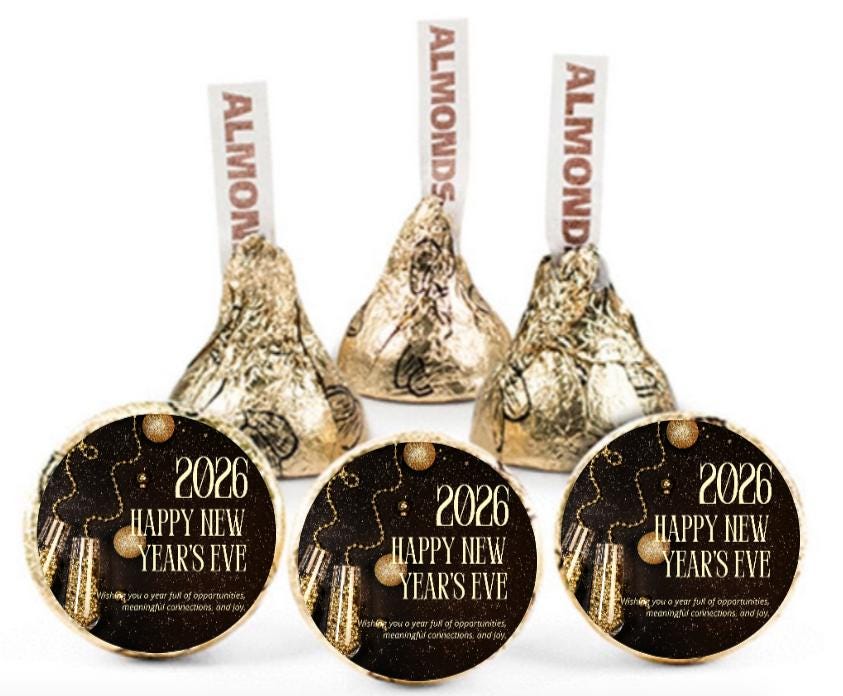 Happy New Years 2026| Chocolate Kiss Candy Stickers| 100ct| New Years Eve Party Favors