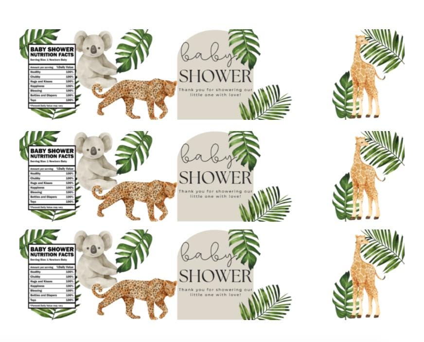 Safari Baby Shower Water Bottle Labels |12ct | Animal Theme | Thank You & Nutrition Facts