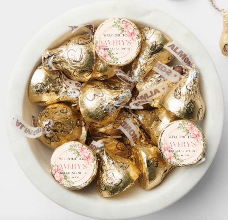 Bridal Shower Chocolate Candy Labels | Custom Floral Chocolate Candy Labels | Personalized Name and Date | 100 Round Stickers
