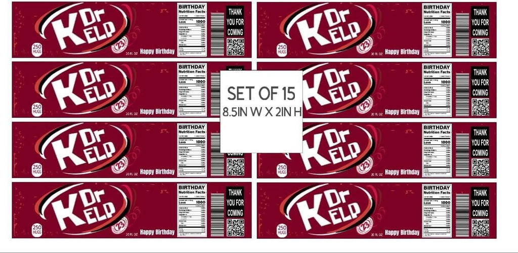 Dr Kelp Birthday Soda Bottle Labels, Party Decoration, Set of 12