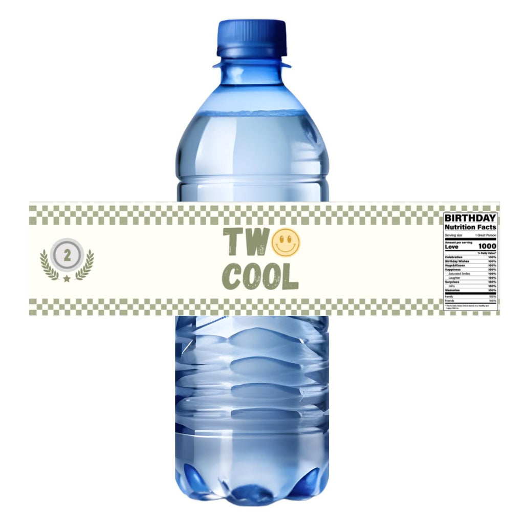 Two Cool 2nd Birthday Water Bottle Labels | Sports Party Table Accents | Smiley Face Theme | Glossy
