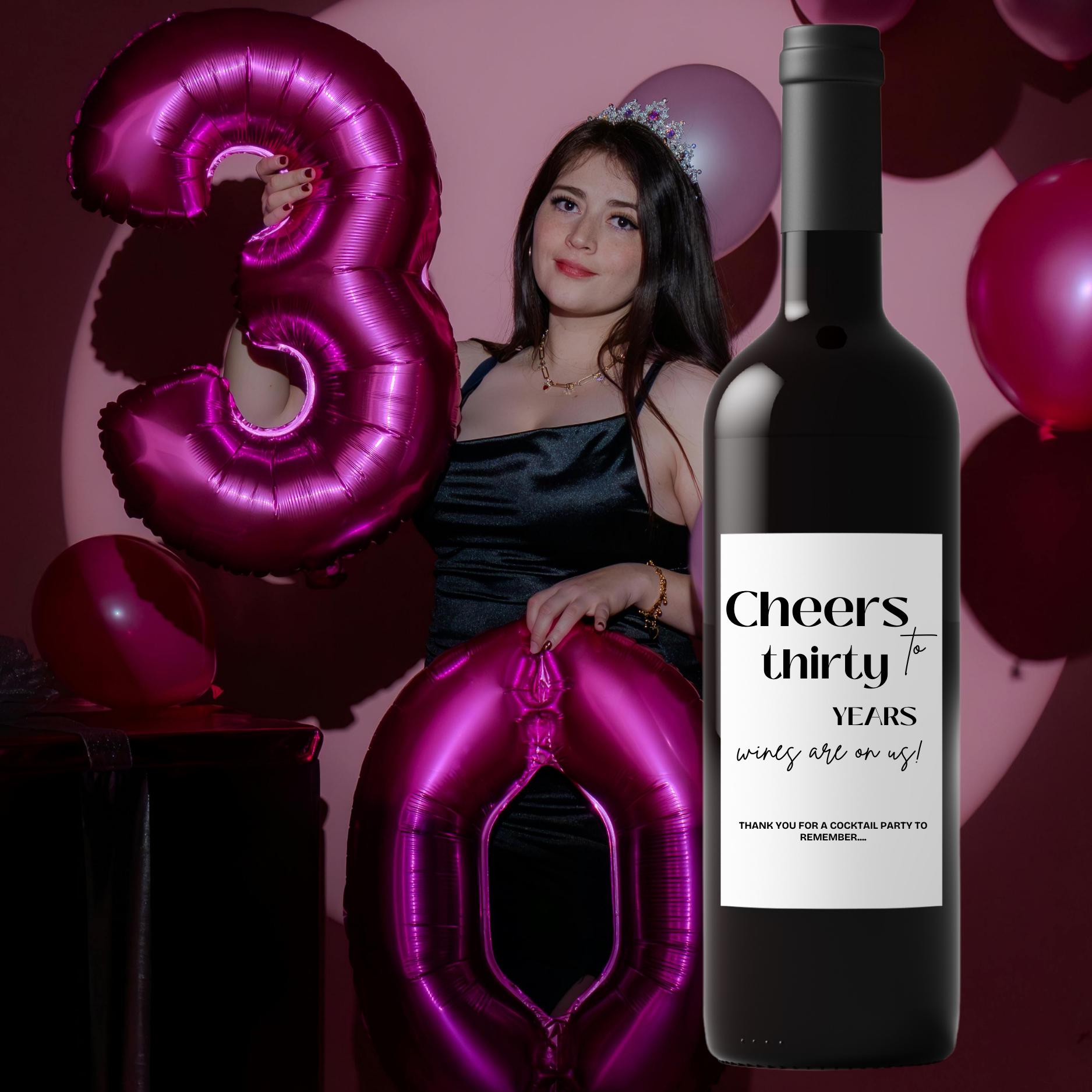 Cheers to 30 Years Wine Bottle Labels | 30th Birthday Party Decor | Glossy Self Adhesive | Set of 4