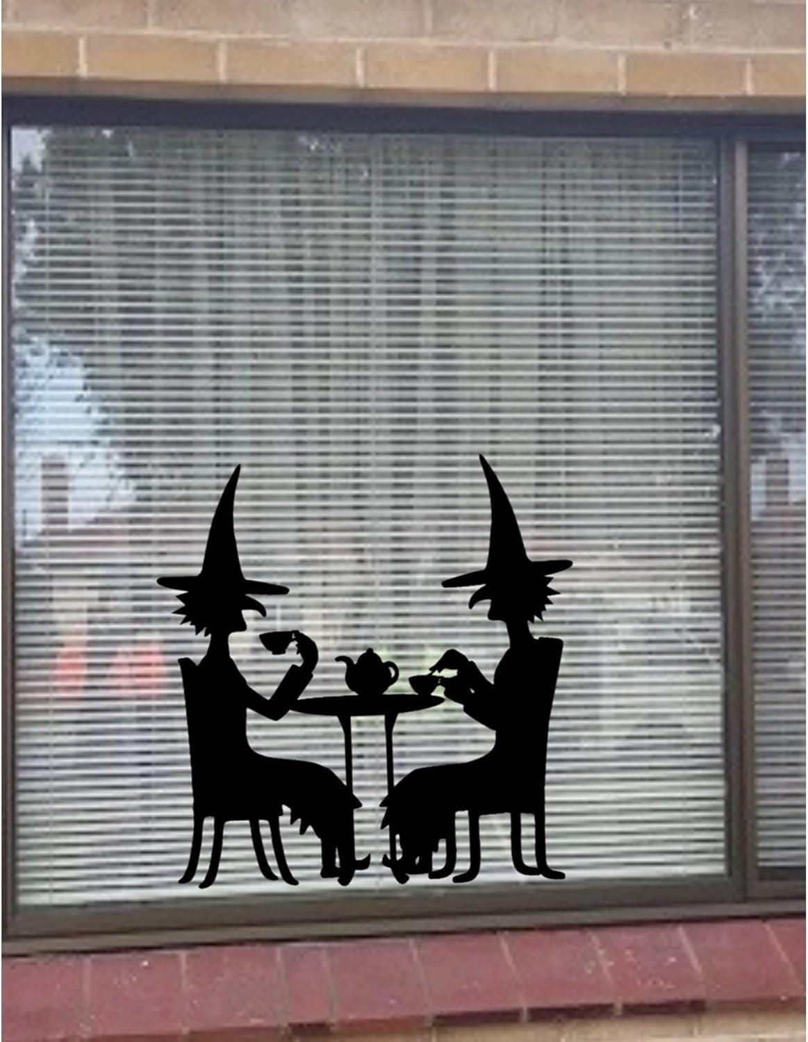 Halloween Witch Tea Party Window Silhouette Decal, Reusable Black Static Window Cling Decoration