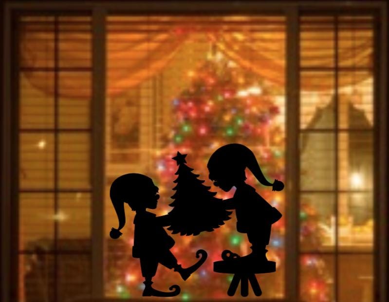 Reusable Elf Silhouette Decal Set | 11.5 H" × 15 W" | Glossy| Black| Christmas Window Decals
