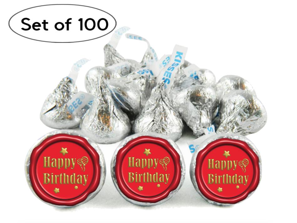 Red and Gold Happy Birthday Mini Candy Labels | Stamp Design | Set of 100