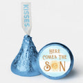 Here Comes the Son Kisses Candy Stickers | 100pcs|0.75in|Baby Shower Favors|Glossy