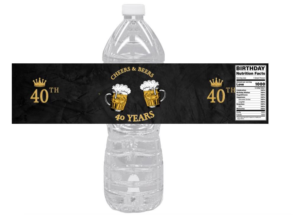 40th Birthday Water Bottle Labels | Set of 12 | Cheers to 40 Years | Party Favors | Black