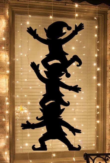 Stacked Elves Window Cling | Christmas Silhouette Decal | Large Reusable Holiday Decor