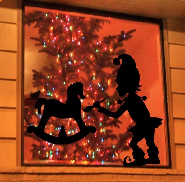 Christmas Elf Painting Rocking Horse | Reusable Window Cling Decal |Silhouette Decal|16H