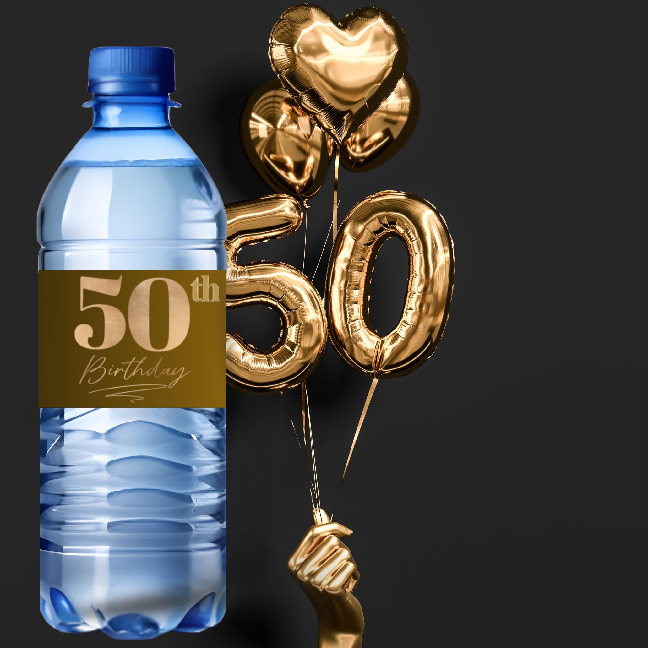 50th Birthday Water Bottle Labels | Fifty Celebration Party Decor | Gold Theme Bottle Wraps | Glossy