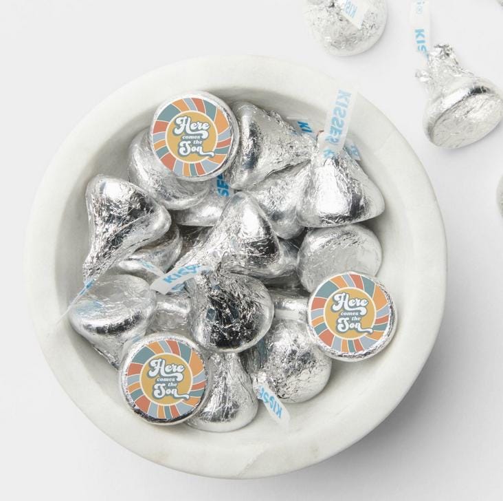 Here Comes the Son Kisses Candy Stickers | 100ct|Glossy| Baby Shower Gender Reveal Party Favors