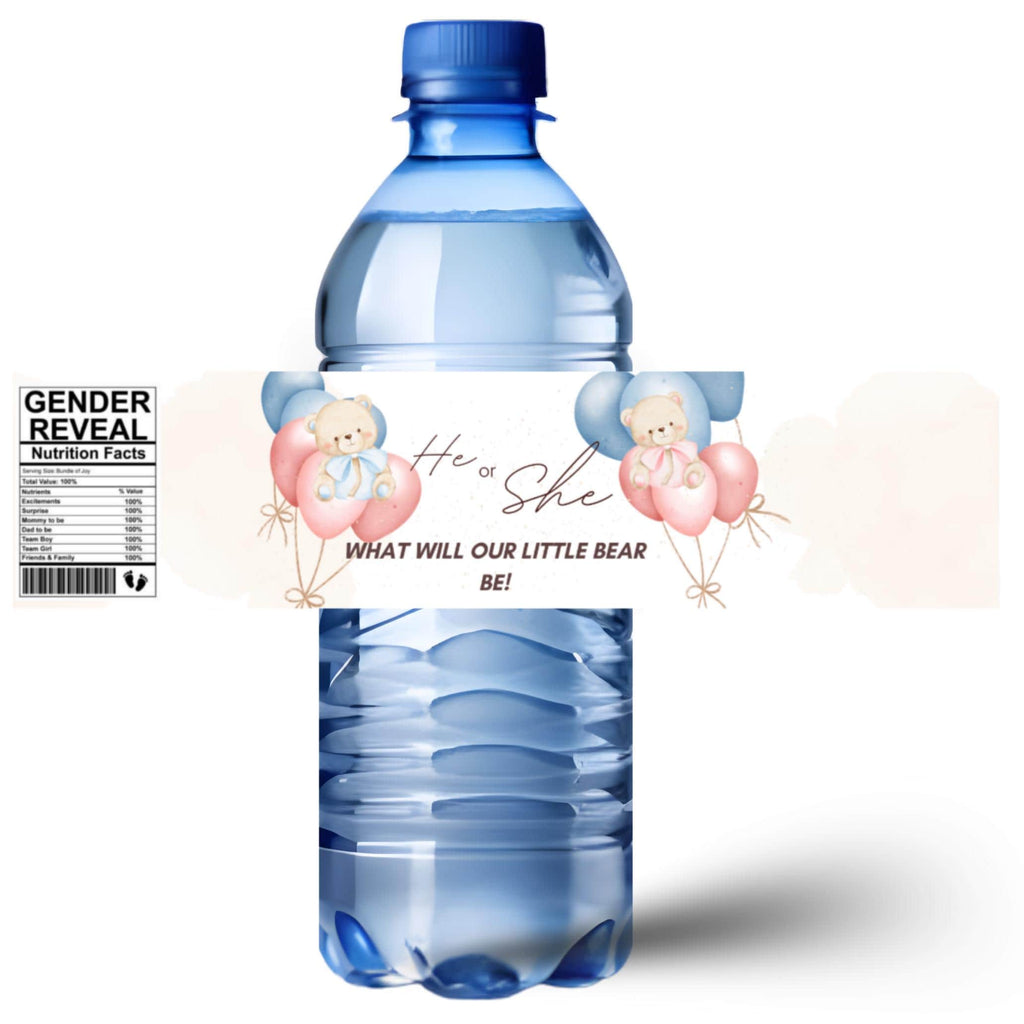 Teddy Bear Gender Reveal Water Bottle Labels | He or She What Will Our Little Bear Be | Baby Shower Party Decor | Glossy