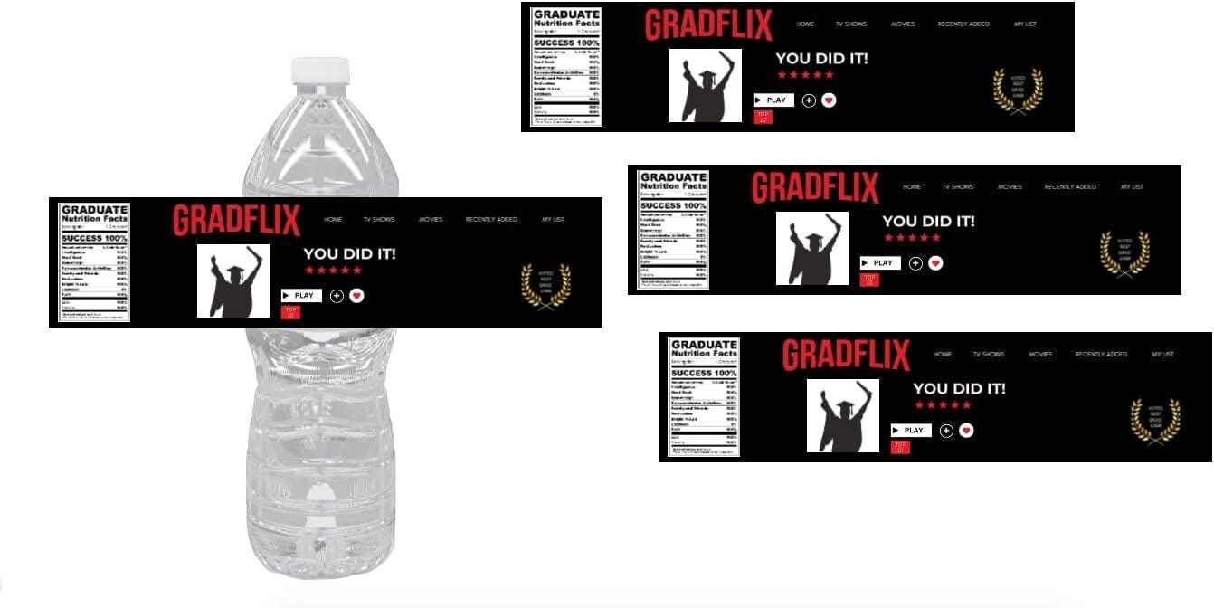 Gradflix Graduation-Themed Custom Water Bottle Labels, Silhouette Design