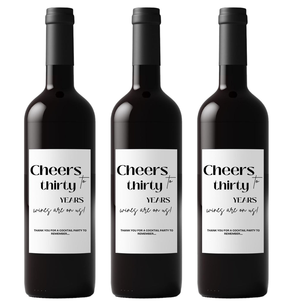 Cheers to 30 Years Wine Bottle Labels | 30th Birthday Party Decor | Glossy Self Adhesive | Set of 4